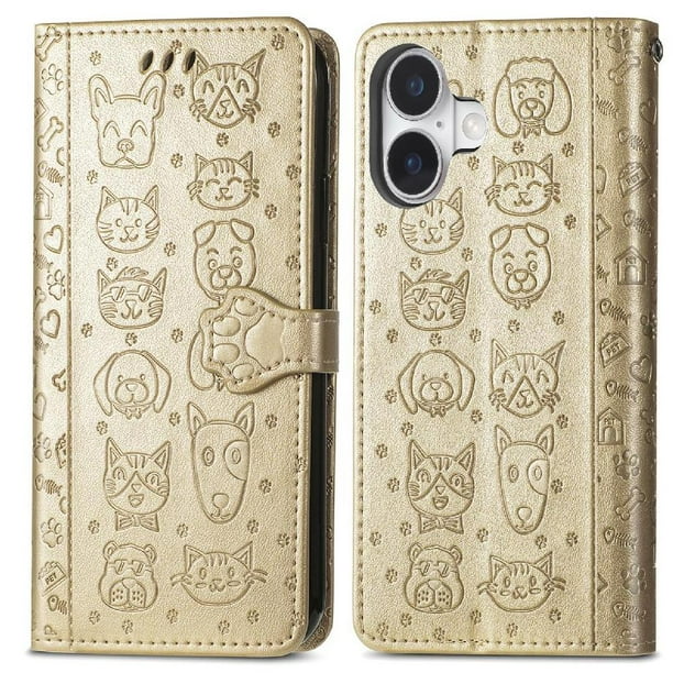 Funda Cartera FOXDOCK para iPhone 16 , Flip PU con Relieve de Gatos y Perros, Tarjetero y Soporte