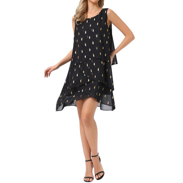 INSPIRE CHIC Vestidos de Chifón sin Mangas para Mujer Cuello Redondo Estampado Metálico en Lámina Vestido en Capas Fluido para Fiesta Bodas Conjuntos S Negro