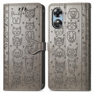 Funda Cartera Foxdock Para Oppo A17 , Flip Pu Con Relieve De Gatos Y Perros, Tarjetero Y Soporte