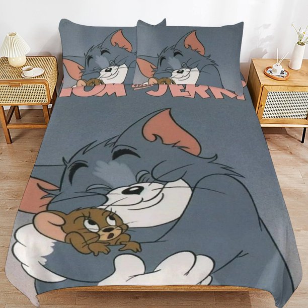Tom And Jerry Cartoon Bedding Sets Ultra Soft Skin-Friendly Duvet Cover 3 Piece, Cute Comforter Cover Bed Set for Boys Girls Kids