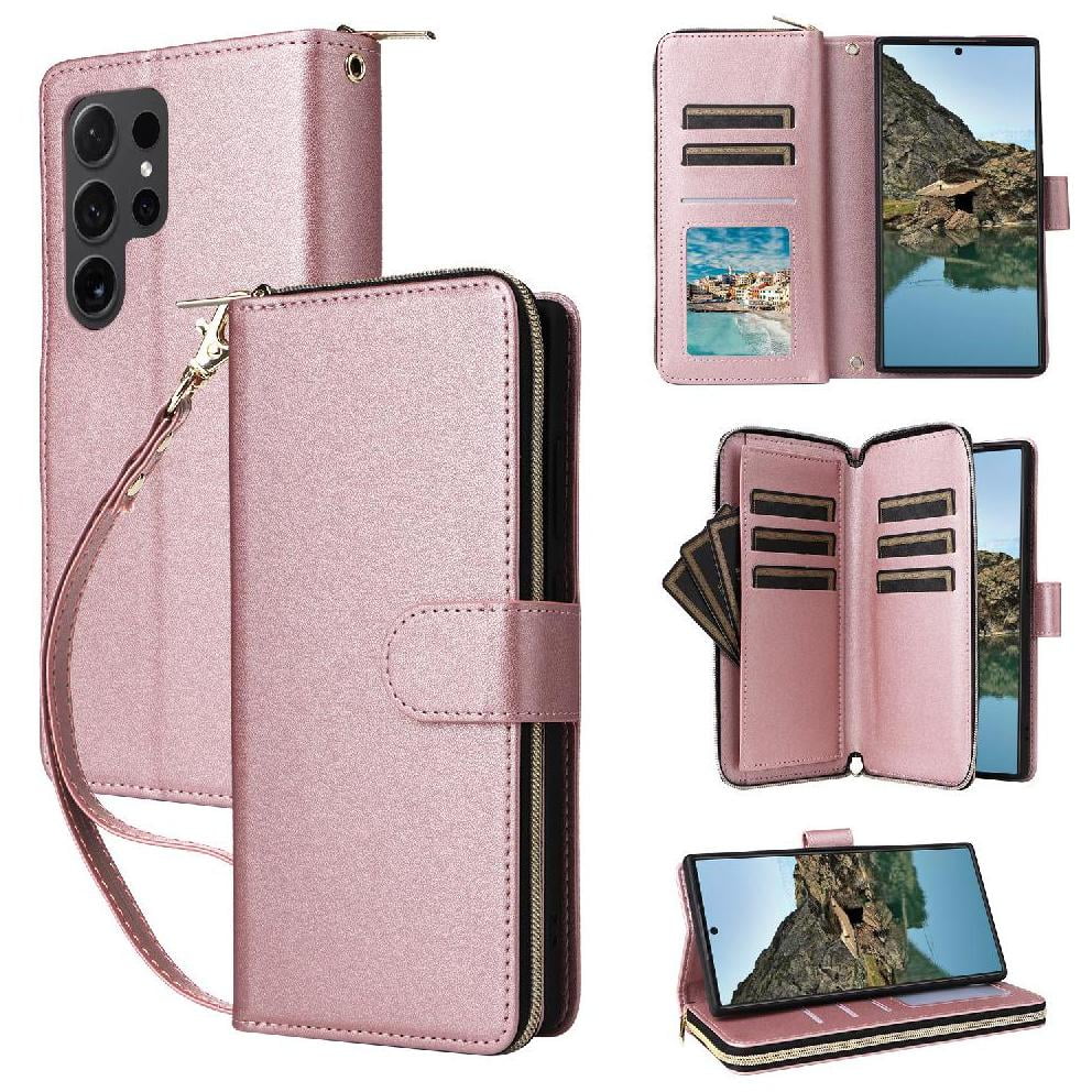 Foxdock - Funda Cartera Con Cremallera Y Correa Para Samsung Galaxy S24 Ultra Soporte Y Tarjetero Oro Rosa