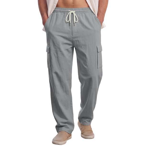 Pantalones Cargo de Lino con Cintura de Cordón Transpirable para Hombre INSPIRE CHIC, Pierna Recta, Talla XL, Gris