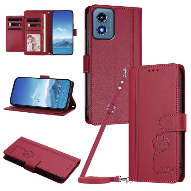 Funda Cartera Trébol para Motorola Moto G Play 2024 4G con Ranuras Tarjetas y Carga Inalámbrica Rojo
