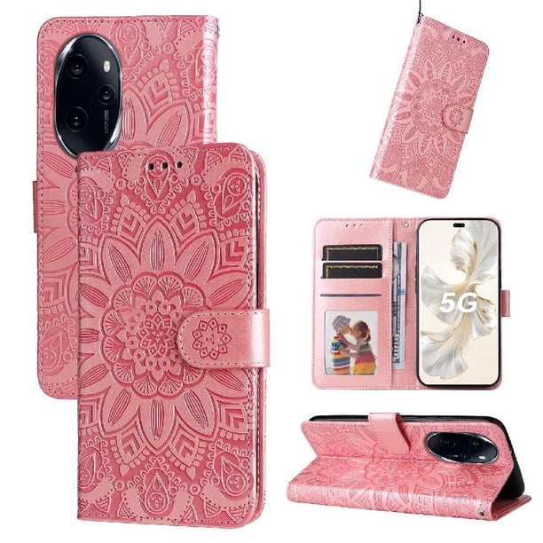 Funda tipo cartera FOXDOCK para Honor 100 Pro , diseño girasol en relieve, cuero PU, cierre magnético, soporte y tarjetero