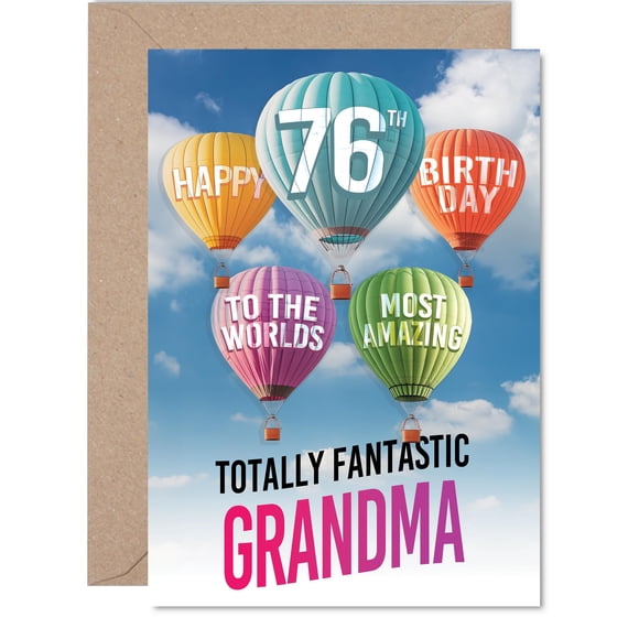 Tarjeta de felicitación Giftzie Grandma para cumpleaños 76 en globo aerostático