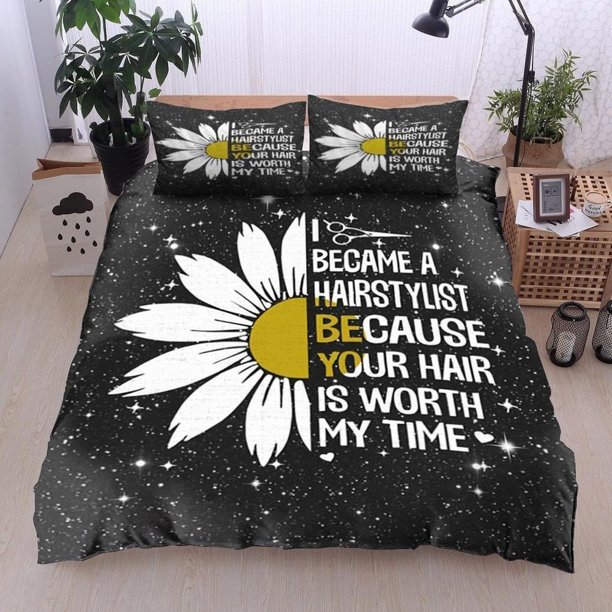Sunflower I Became A Hairstylist Letter Printing Stars Quilt Duvet Cover Set3-Piece Bedding Set