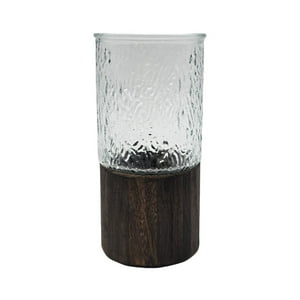 Fliperex - Florero Decorativo De Vidrio Cristal Con Diseño Base Madera Cafe