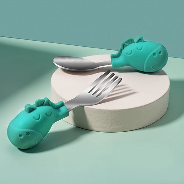 Make Mealtime Fun and Easy with our 2 Set Baby Toddler Silicone Stainless Steel Spoon Fork Set in a Cute and Gender-Neutral Style, Perfect for Feeding and Cutlery Training, Comes with a Useful Case!