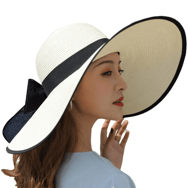 Sombrero de paja con lazo grande para mujer, gorra de playa grande, flexible, plegable y enrollable, sombrero para el sol, gorra de playa de verano con protección UV.