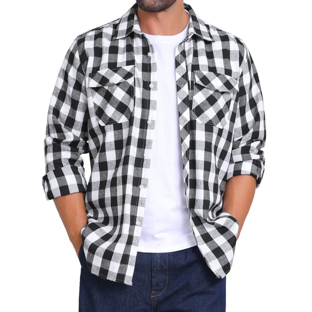 INSPIRE CHIC Camisas de Hombre de Manga Larga Ajustadas con Botones y Bolsillo a Cuadros de Colores Contrastantes S Negro Blanco