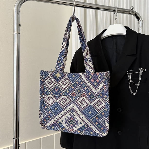 Ethnic Style Canvas Tote Bag, Colorful Geometric Pattern Handbag, Bohemian Shoulder Bag For Women