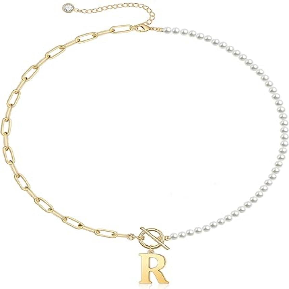 Collar Heshpaws Gold Initial Pearl 14k Gold Plated Paperclip Link Chain A-z