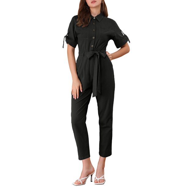 INSPIRE CHIC Mono de regreso a clases para mujer, manga corta, con cuello, botones, cintura con lazo, algodón, cargo, XS, negro