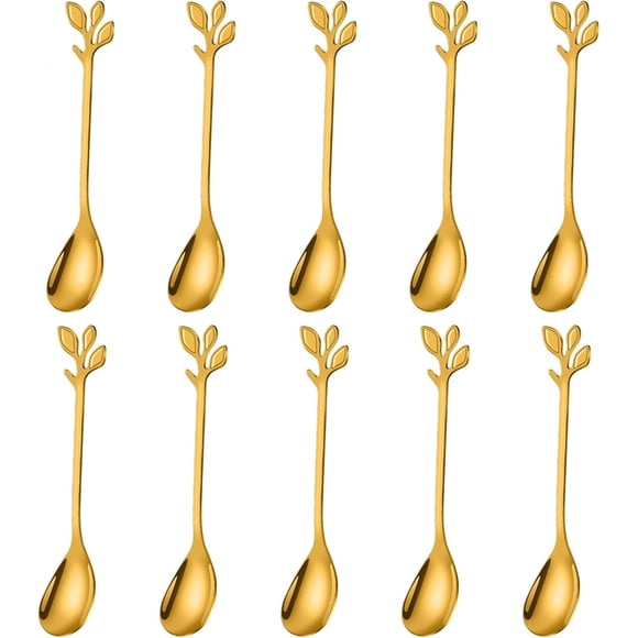 AnSaw Elegant Gold Leaf Handle Coffee Spoons, 10 piezas, 4,7 pulgadas