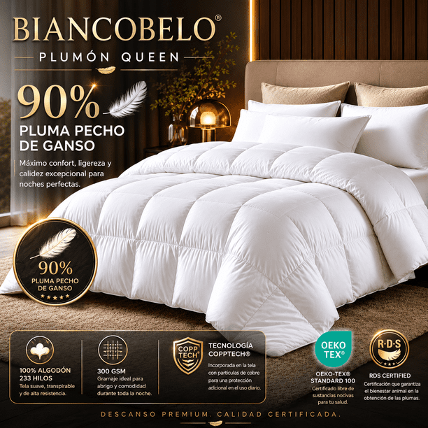 Plumon 2plaza Invierno Premium 90% pluma de pecho ganso Certificado
