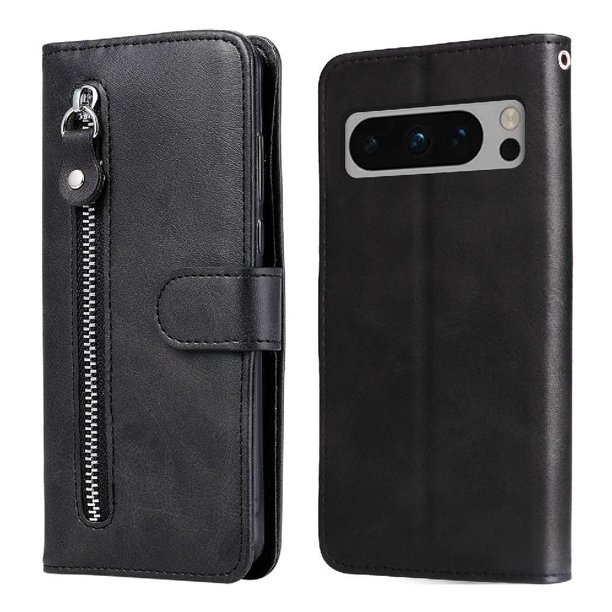 Funda tipo cartera para Google Pixel 8 Pro con bolsillo con cremallera y ranuras para tarjetas – Función de soporte Negro