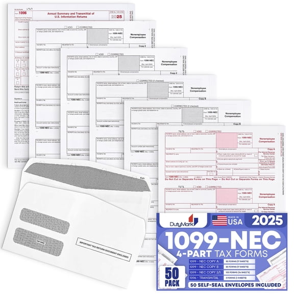 Formularios de impuestos Dutymark 1099 NEC 2025 con sobres, paquete de 50