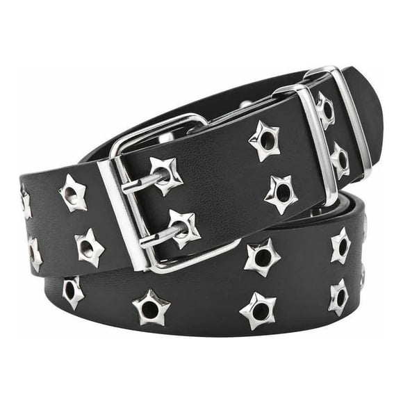 Cinturón Con Ojales De Estrellas Dobles, Cinturón Mujer Punk Negro Liso 105