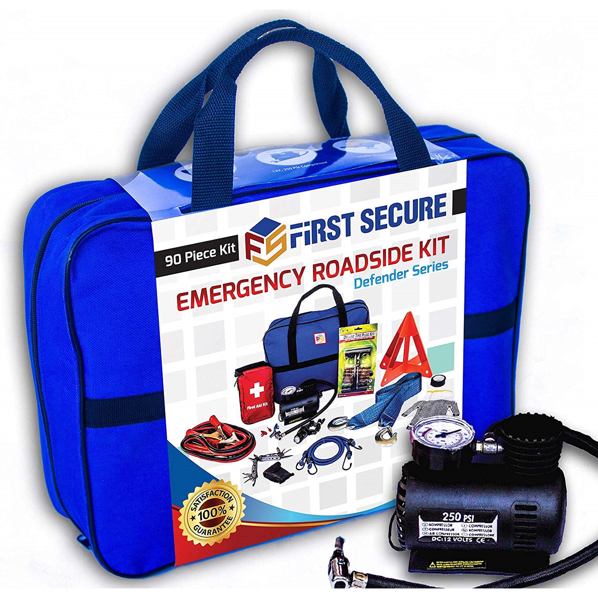 First Secure - Kit De Emergencia Para Coche Con Compresor De Aire Cables De Coión Primeros Auxilios Correa De Remolque Indicador De Neumáticos Y Faro