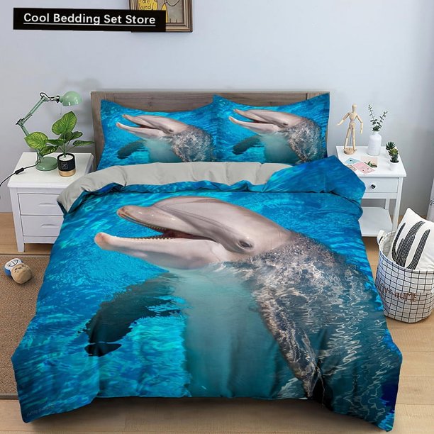 x448 Bed SheetsOcean Dolphin Duvet Cover Size Cute Dolphin Jumping In The Blue Sea Bedding Set Children Animal Sunset Quilt Cover 3-Piece Bedding Set (1 Duvet Cover + 2 Pillow Shams) nj448