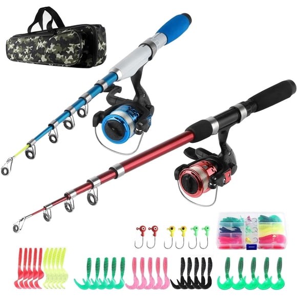 Kit de Cañas y Carretes de Pesca Plegables, 2 Cañas Telescópicas de 1.3 m y 1.6 m + 2 Carretes Giratorios + Señuelos y Anzuelos + Bolsa de Pesca, Kit de Pesca para Niños y Familia