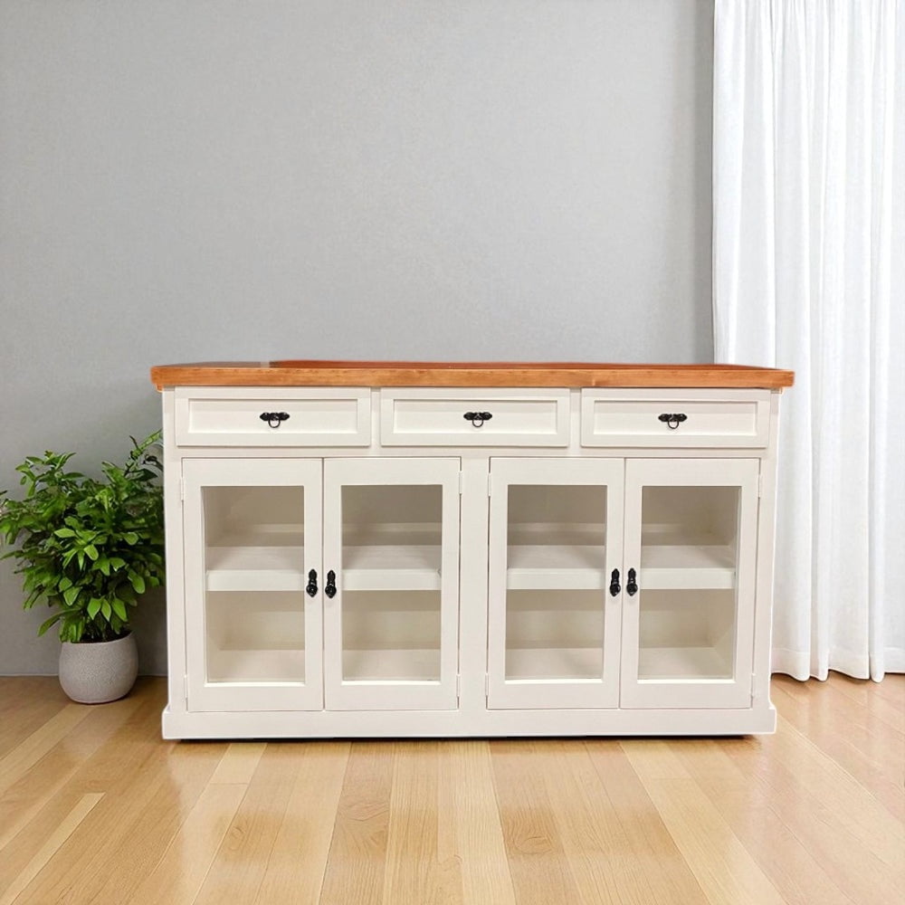 Arca Muebles - Buffet De Madera Y Vidrio Idan 150x40x90 Color Blanco Cubierta Canela