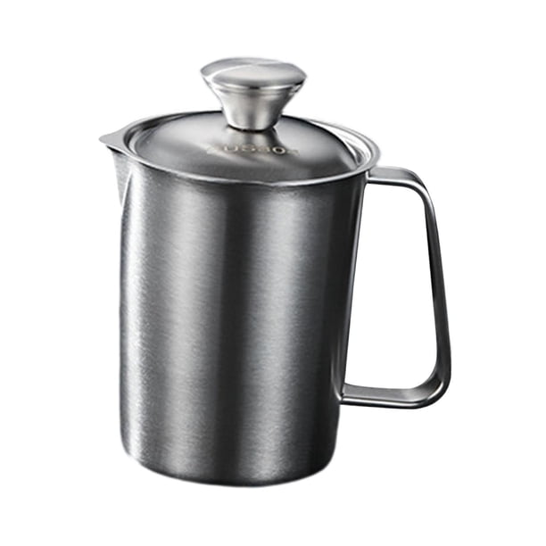 Taza Medidora de Acero Inoxidable con Tapa, Espumador de Leche, Jarra con Marcas Grabadas, Jarra Mezcladora de Cocina, Doble Escala, Mango Ergonómico 500 ml