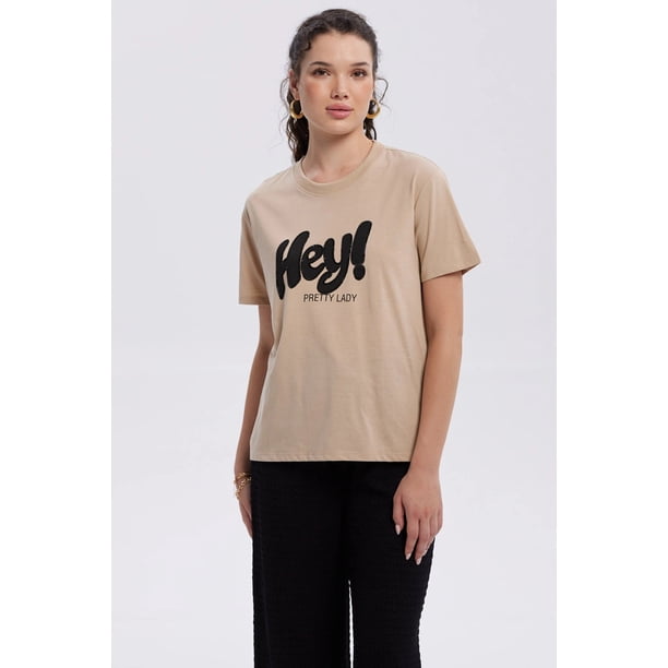 Polera Mujer Print Con Aplicación Beige