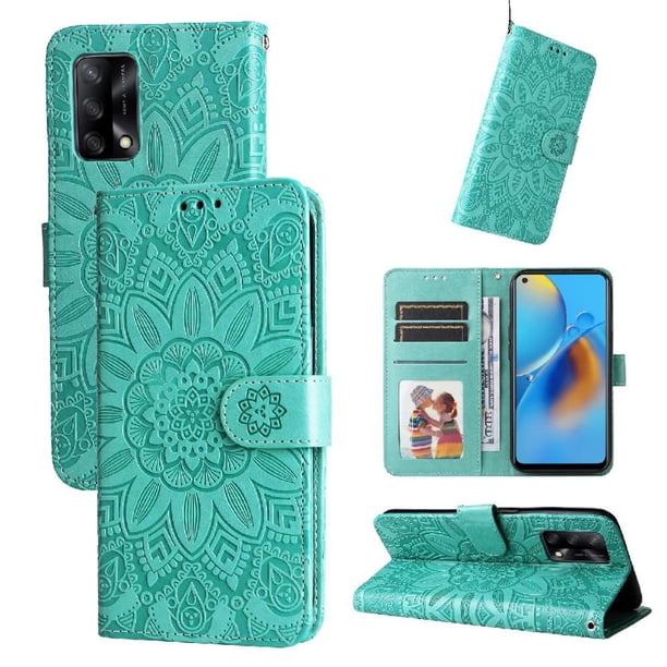 Funda tipo cartera FOXDOCK para OPPO A95 4G , diseño girasol en relieve, cuero PU, cierre magnético, soporte y tarjetero