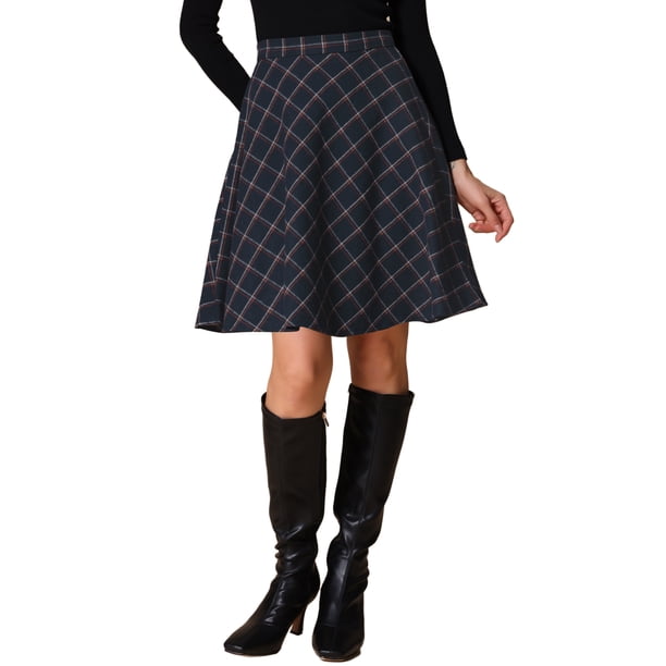 Falda corta de línea A con cintura elástica y diseño clásico de tartán vintage para mujeres, para otoño e invierno, azul marino M