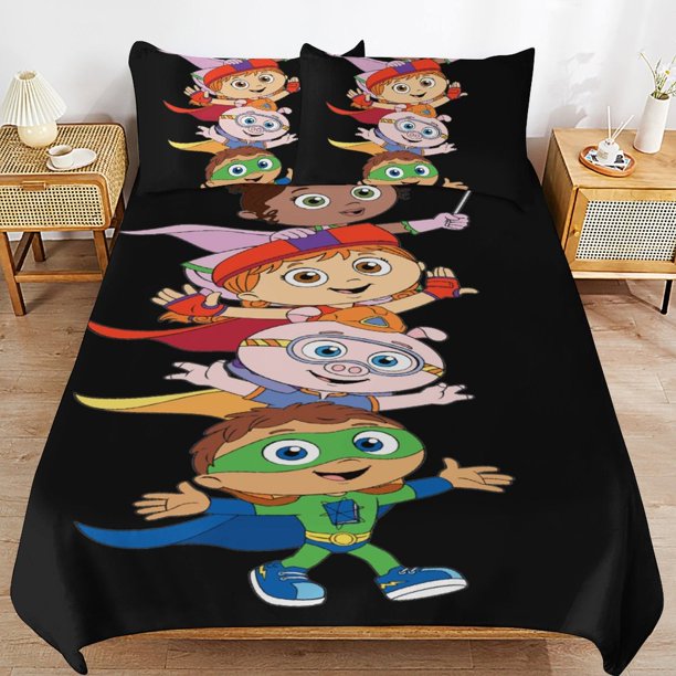Super Why Cartoon Bedding Sets Ultra Soft Skin-Friendly Duvet Cover 3 Piece, Cute Comforter Cover Bed Set for Boys Girls Kids