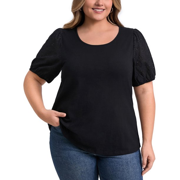 GRACE & GRANDEUR Blusas casuales de mujer talla grande con panel bordado, manga corta abullonada hueca, cuello redondo, 3X negro
