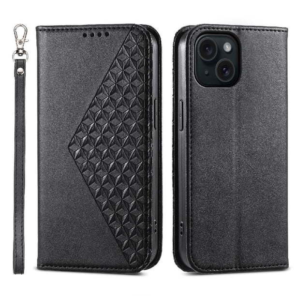 Funda Flip FOXDOCK para iPhone 15 , Estilo Billetera con Diseño Rombo, Correa de Mano y Soporte, Uso Diario