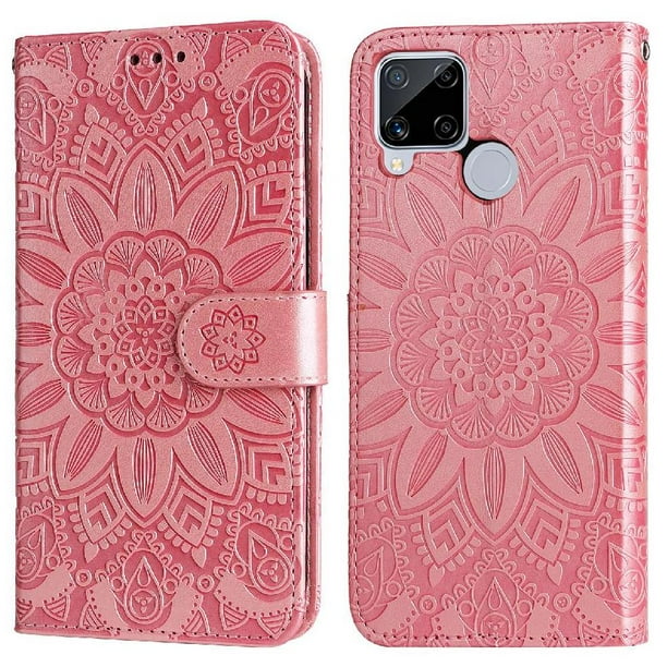Funda tipo cartera FOXDOCK para Realme C25 , diseño girasol en relieve, cuero PU, cierre magnético, soporte y tarjetero