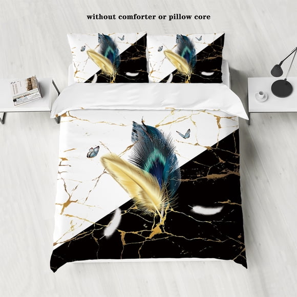 3pcs Bronzing Marble Feather Print Series Bedding Set,Soft Breathable,For Bedroom GuestRoom (1*Duvet Cover 2*Pillowcase,No Core)