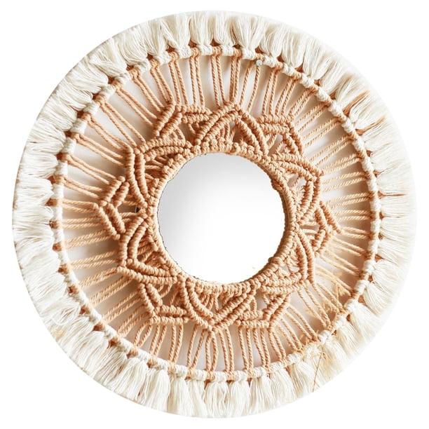 Espejo colgante de pared bohemio, espejo redondo hecho a mano con flecos de macramé, para sala de estar, dormitorio de bebé, decoración del hogar para Blanco