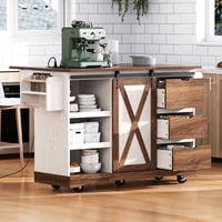 M&Ms - K&K 55.5"" Farmhouse Kitchen Island With Drop Leaf, Kitchen Storage Island With Barn Door, Power Outlet, Rolling Kitchen Cart On Wheels With Spice Rack, For Home, Kitchen, Dining Room, White