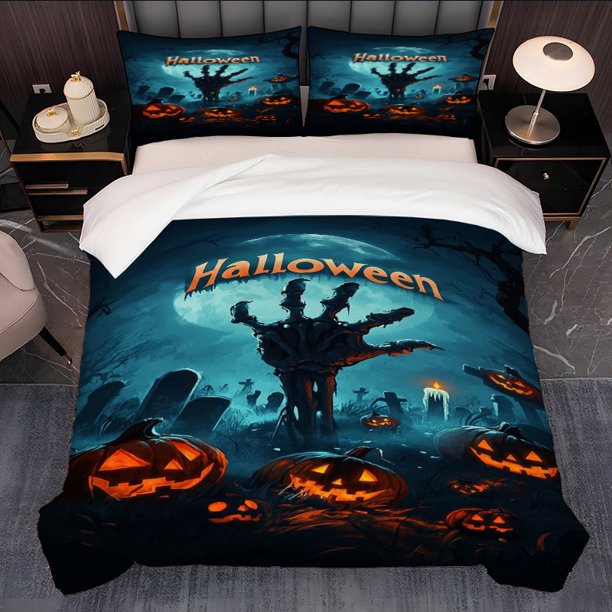 3pcs Halloween Cemetery Horror Illustration Themed bedding Featuring Exquisite Patterns Including a Duvet Cover And Pillowcases