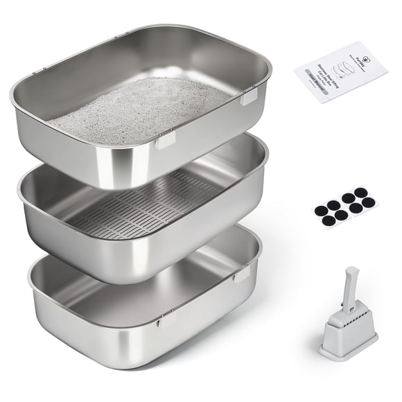 Caja de Arena para Gatos LLNHAEB Triple Bandeja de Acero Inoxidable Grande