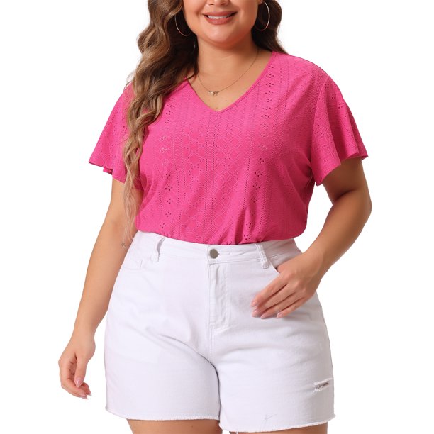 Agnes Orinda Blusa de Manga Acampanada con Cuello en V para Mujer de Talla Grande para Escuela o Universidad Primavera Verano Camiseta Hueca 1X Rosa Fucsia