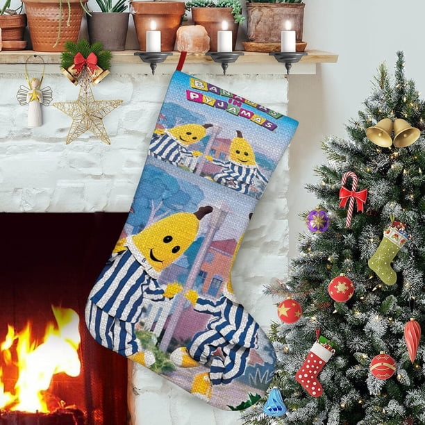 Plátanos en Pijamas Tema: Calcetines de Navidad, fino lino blanco para colgar en escaleras y chimenea, decoración navideña para el hogar, regalo de Navidad. 45cm × 32cm