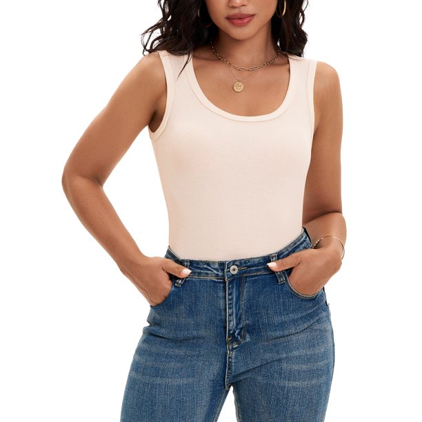 ATHLECHIC Top Ajustado de Mujer de Punto Acanalado Cuello Redondo Ajuste Ceñido Top Casual L Albaricoque