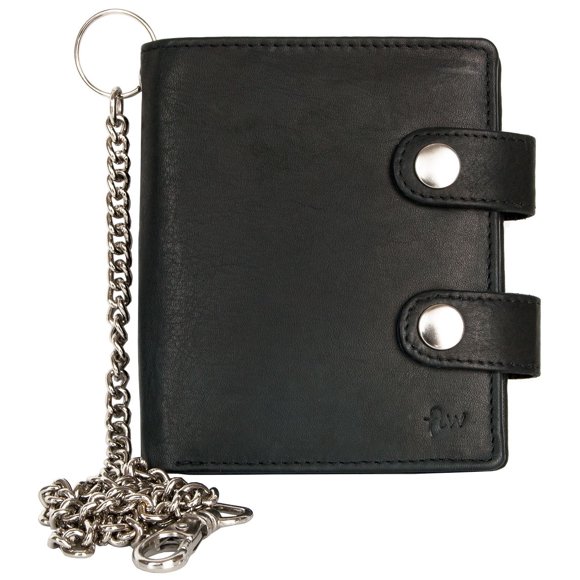 Billetera FLW Espaciosa de Cuero Vacuno Negro Genuino con Cadena