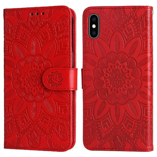 Funda tipo cartera FOXDOCK para iPhone XR , diseño girasol en relieve, cuero PU, cierre magnético, soporte y tarjetero