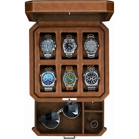 Caja de Relojes ROTHWELL de 6 Ranuras, Cuero Color Marrón Claro