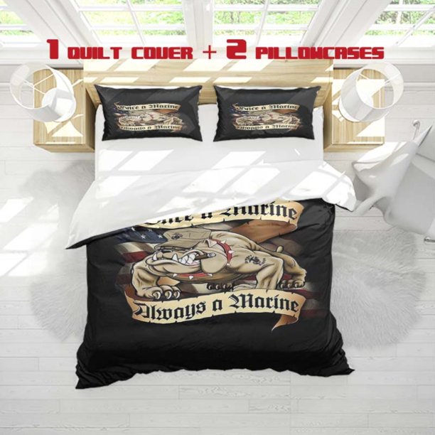 3pcs Bulldog Wearing US Marine Corps Hat Printed Three Piece Bedding Set Soft Duvet Cover And Two Pillowcases