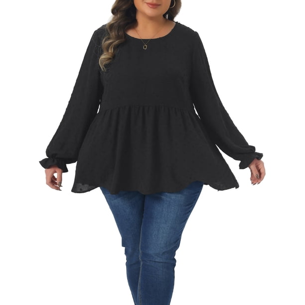 Agnes Orinda Conjuntos de Halloween para Mujeres Blusas de Talla Grande con Lunares Suizos, Volantes en Capas, Cuello Redondo, Mangas Abullonadas, Blusas Informales de Corte Imperio 3X Negro