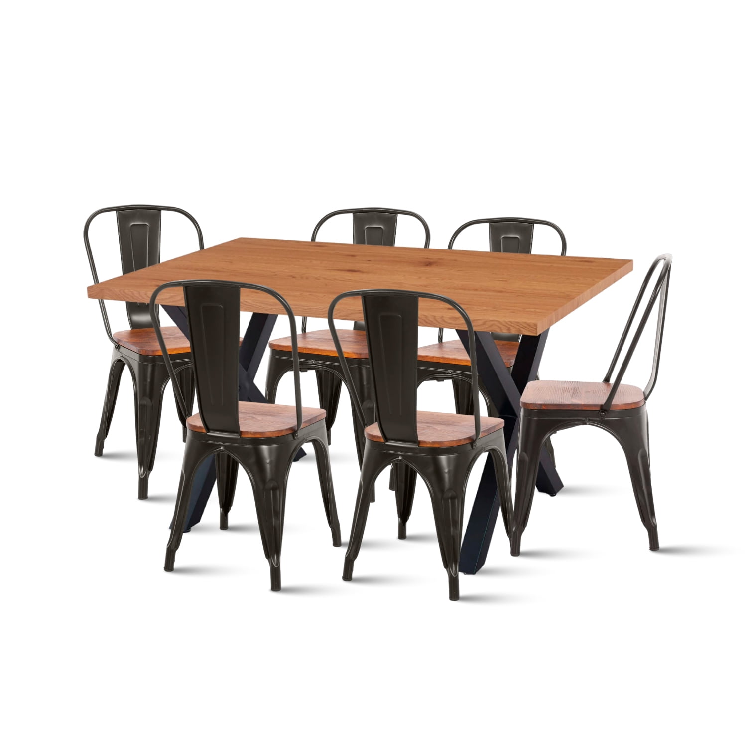 Klik Muebles - Comedor Color Madera Y Metal Cross 140x90 + 6 Sillas Tolix Con Asiento De Madera Oscura - Negras