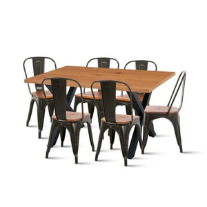 Klik Muebles - Mesa Color Madera Y Metal Cross 140X90 + 6 Sillas Tolix Con Asiento De Madera - Negras