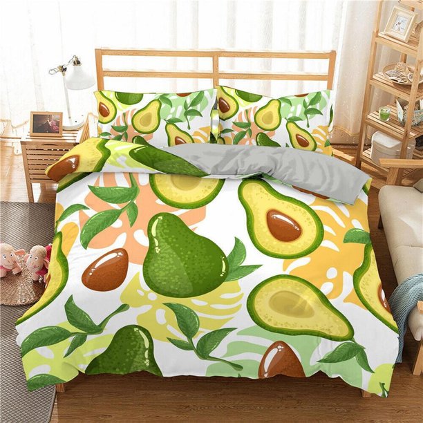 Avocado Fruit Leaves Print Quilt Duvet Cover Set Bedclothes Queen Doona Cover3-Piece Bedding Set